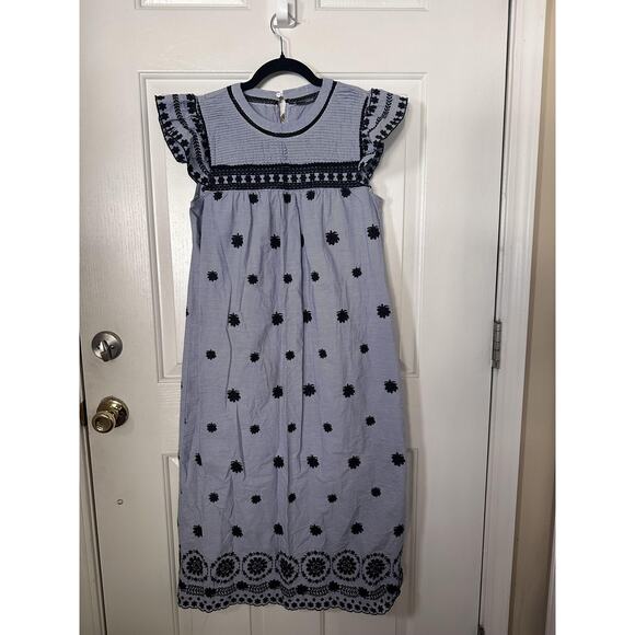 Zara Woman Dress Womens Small Blue Embroidered Floral Boho Midi Summer Cotton - Picture 2 of 7